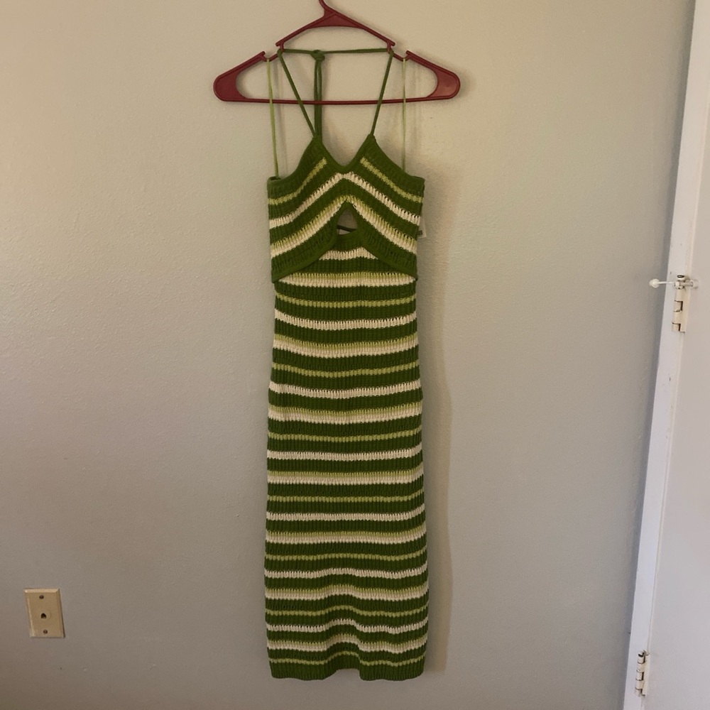 Sincerely Jules women's green white striped crochet halter neck dress size S NWT